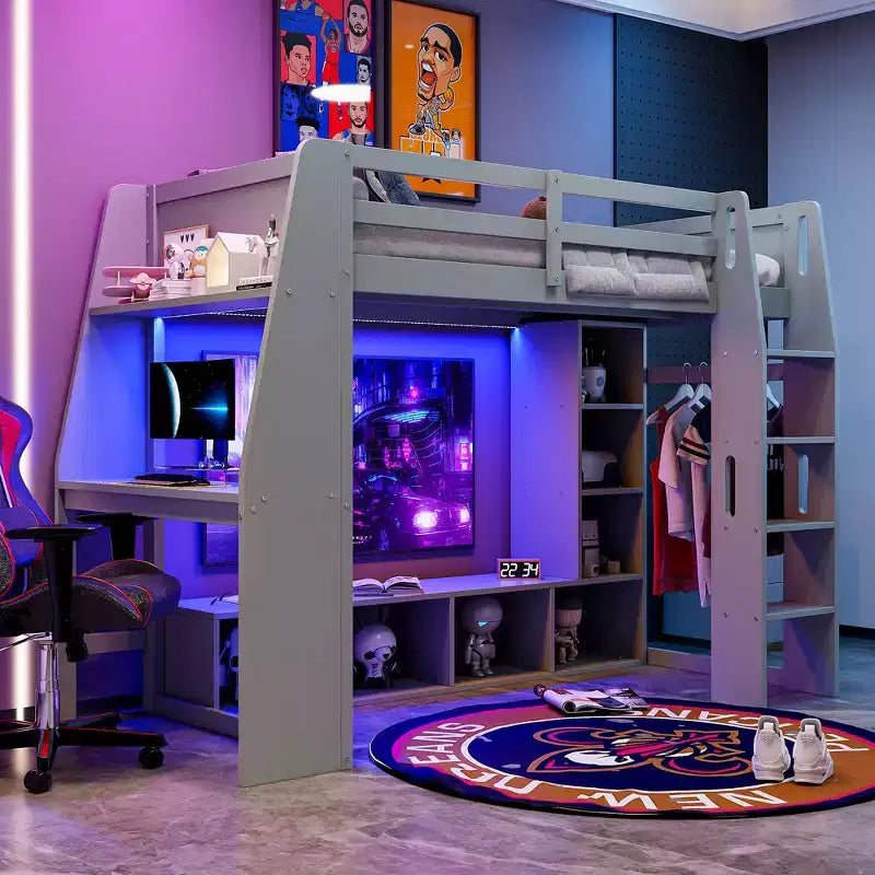 Twin Size Gaming Loft Bed with Desk and LED, Wood Loft Bed Frame with Storage Shelves and a Hanging Clothes Rack