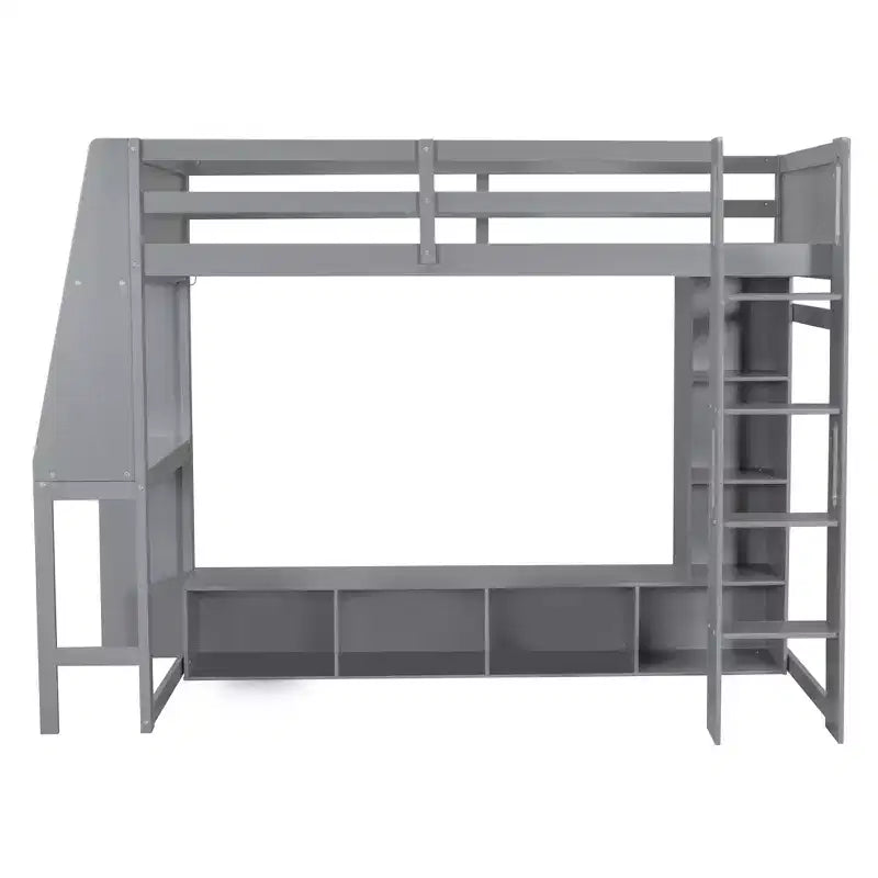 Twin Size Gaming Loft Bed with Desk and LED, Wood Loft Bed Frame with Storage Shelves and a Hanging Clothes Rack