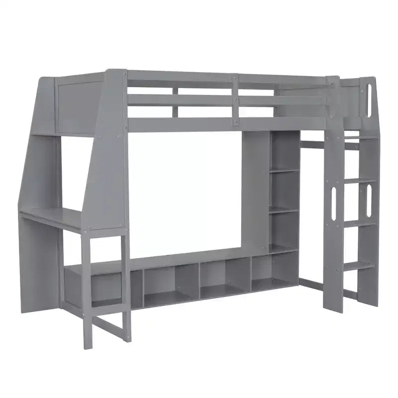 Twin Size Gaming Loft Bed with Desk and LED, Wood Loft Bed Frame with Storage Shelves and a Hanging Clothes Rack