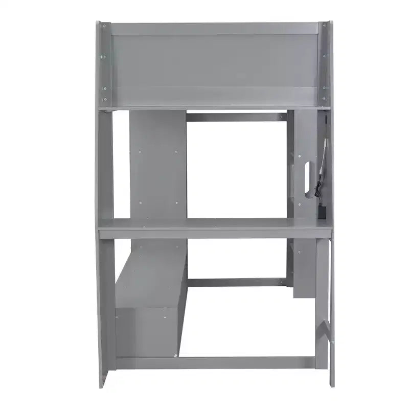 Twin Size Gaming Loft Bed with Desk and LED, Wood Loft Bed Frame with Storage Shelves and a Hanging Clothes Rack