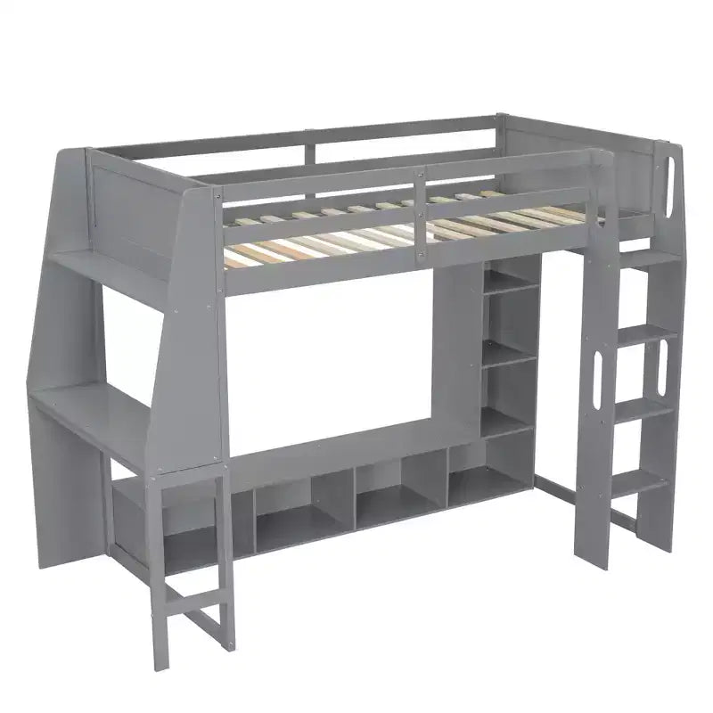 Twin Size Gaming Loft Bed with Desk and LED, Wood Loft Bed Frame with Storage Shelves and a Hanging Clothes Rack