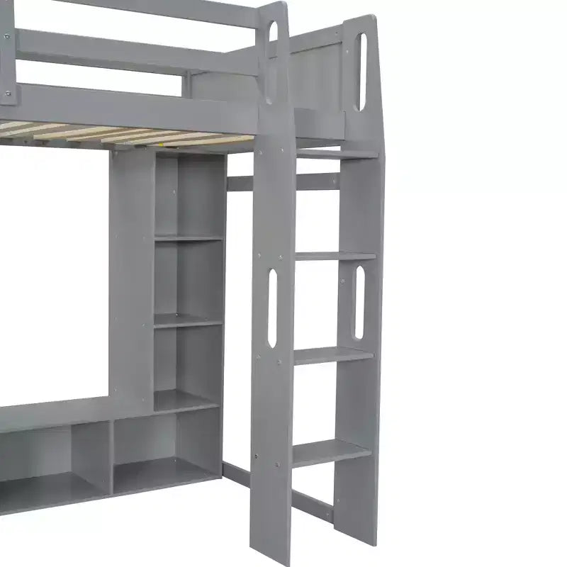 Twin Size Gaming Loft Bed with Desk and LED, Wood Loft Bed Frame with Storage Shelves and a Hanging Clothes Rack