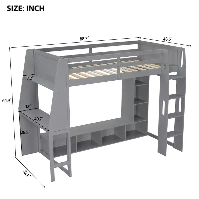 Twin Size Gaming Loft Bed with Desk and LED, Wood Loft Bed Frame with Storage Shelves and a Hanging Clothes Rack