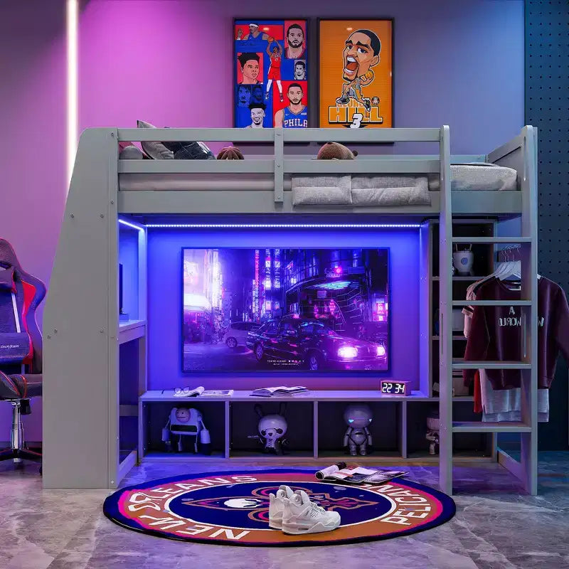 Twin Size Gaming Loft Bed with Desk and LED, Wood Loft Bed Frame with Storage Shelves and a Hanging Clothes Rack