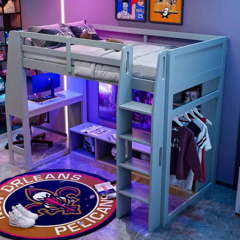 Twin Size Gaming Loft Bed with Desk and LED, Wood Loft Bed Frame with Storage Shelves and a Hanging Clothes Rack