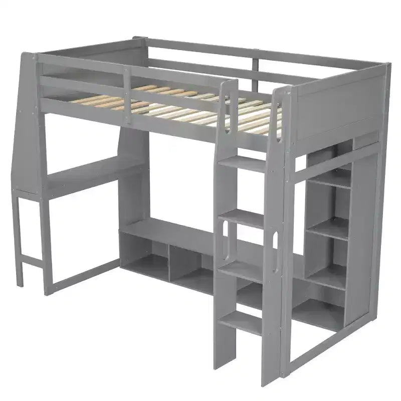 Twin Size Gaming Loft Bed with Desk and LED, Wood Loft Bed Frame with Storage Shelves and a Hanging Clothes Rack