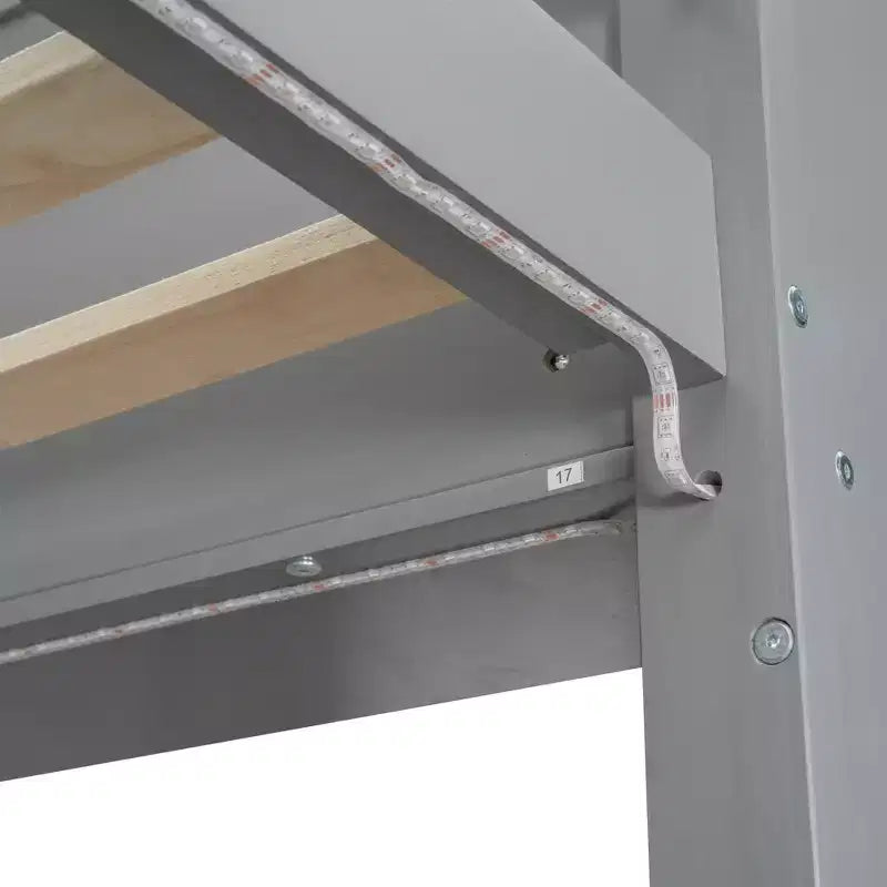 Twin Size Gaming Loft Bed with Desk and LED, Wood Loft Bed Frame with Storage Shelves and a Hanging Clothes Rack