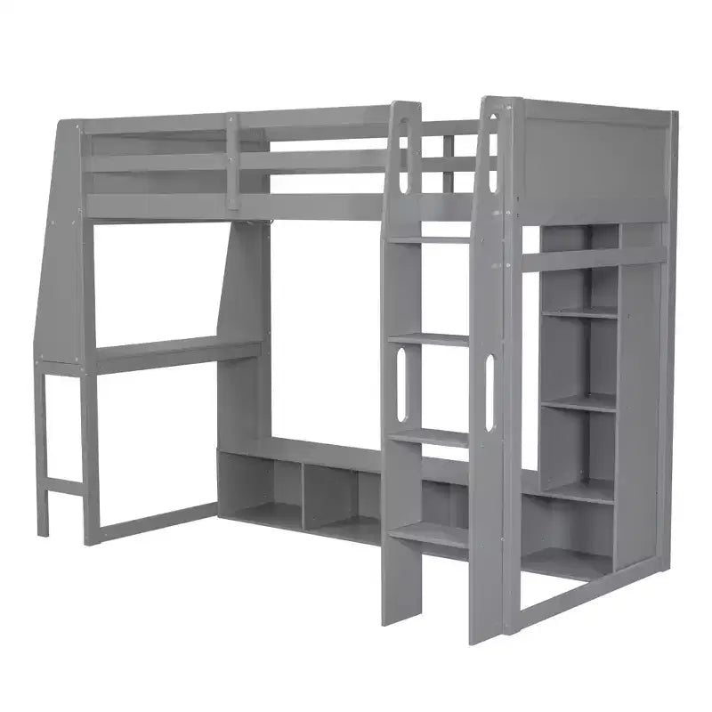 Twin Size Gaming Loft Bed with Desk and LED, Wood Loft Bed Frame with Storage Shelves and a Hanging Clothes Rack