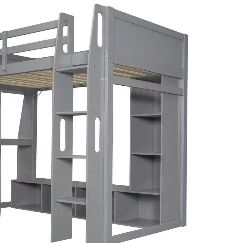 Twin Size Gaming Loft Bed with Desk and LED, Wood Loft Bed Frame with Storage Shelves and a Hanging Clothes Rack