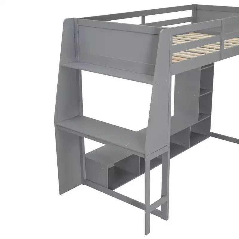 Twin Size Gaming Loft Bed with Desk and LED, Wood Loft Bed Frame with Storage Shelves and a Hanging Clothes Rack
