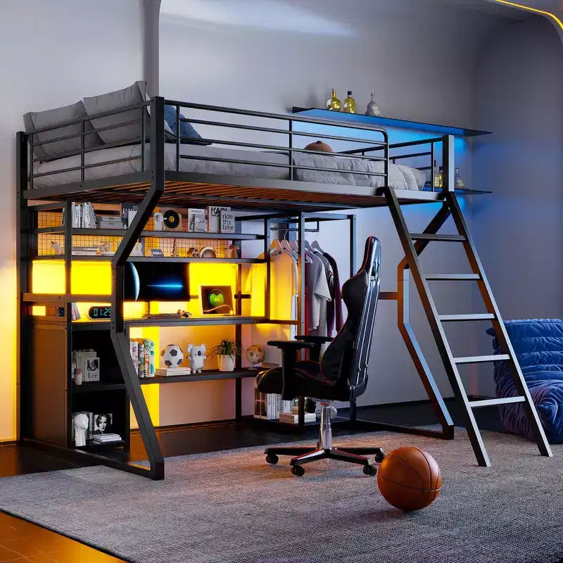 Full Metal Gaming Loft Bed with LED and Built-in Work Station, Full Size High Loft Bed with Storage Wardrobe, Black