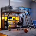 Full Metal Gaming Loft Bed with LED and Built-in Work Station, Full Size High Loft Bed with Storage Wardrobe, Black