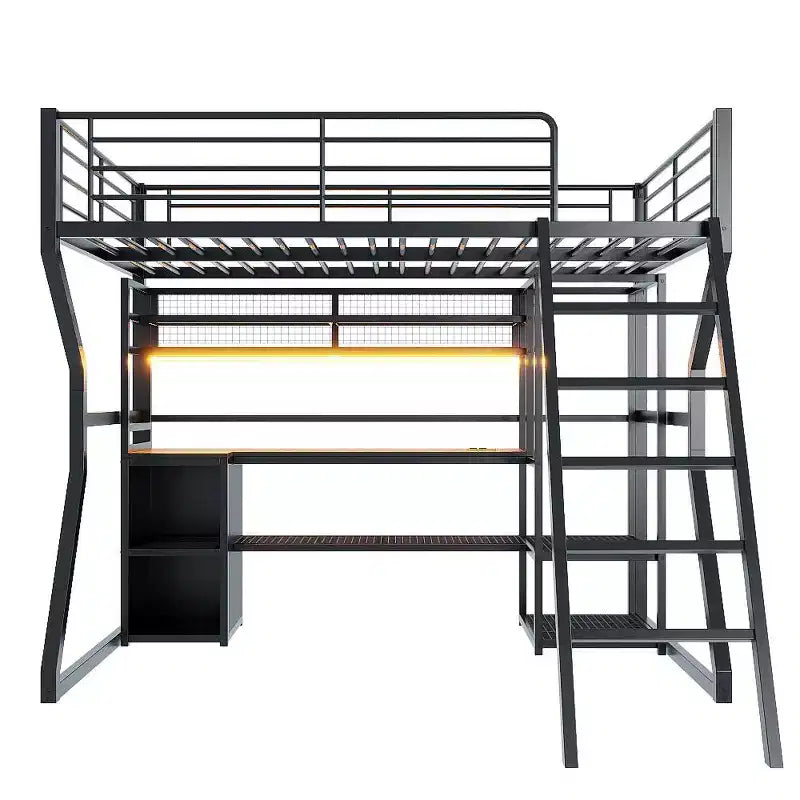 Full Metal Gaming Loft Bed with LED and Built-in Work Station, Full Size High Loft Bed with Storage Wardrobe, Black