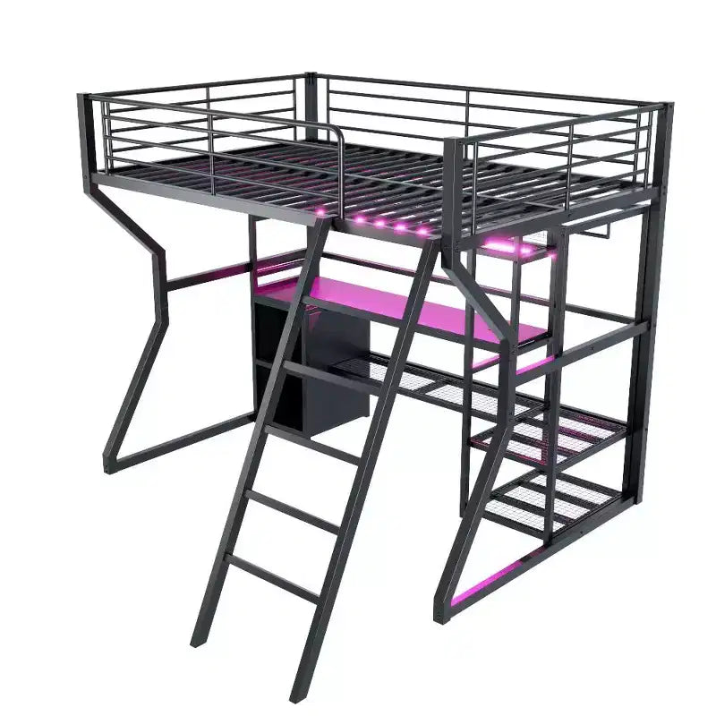 Full Metal Gaming Loft Bed with LED and Built-in Work Station, Full Size High Loft Bed with Storage Wardrobe, Black