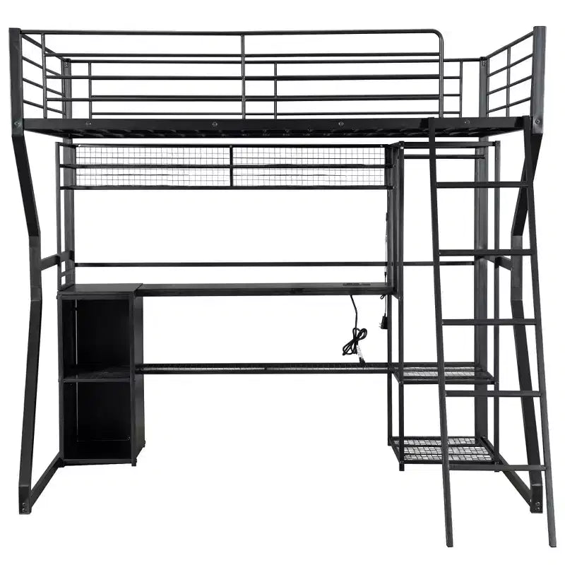 Full Metal Gaming Loft Bed with LED and Built-in Work Station, Full Size High Loft Bed with Storage Wardrobe, Black