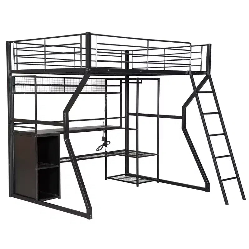 Full Metal Gaming Loft Bed with LED and Built-in Work Station, Full Size High Loft Bed with Storage Wardrobe, Black