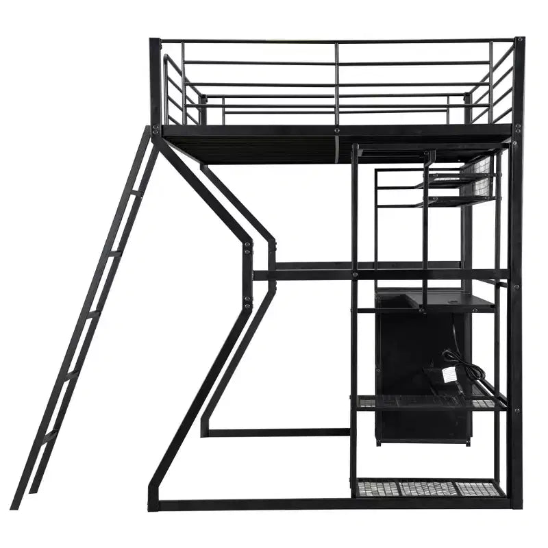 Full Metal Gaming Loft Bed with LED and Built-in Work Station, Full Size High Loft Bed with Storage Wardrobe, Black