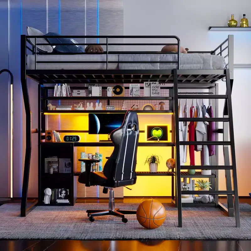 Full Metal Gaming Loft Bed with LED and Built-in Work Station, Full Size High Loft Bed with Storage Wardrobe, Black