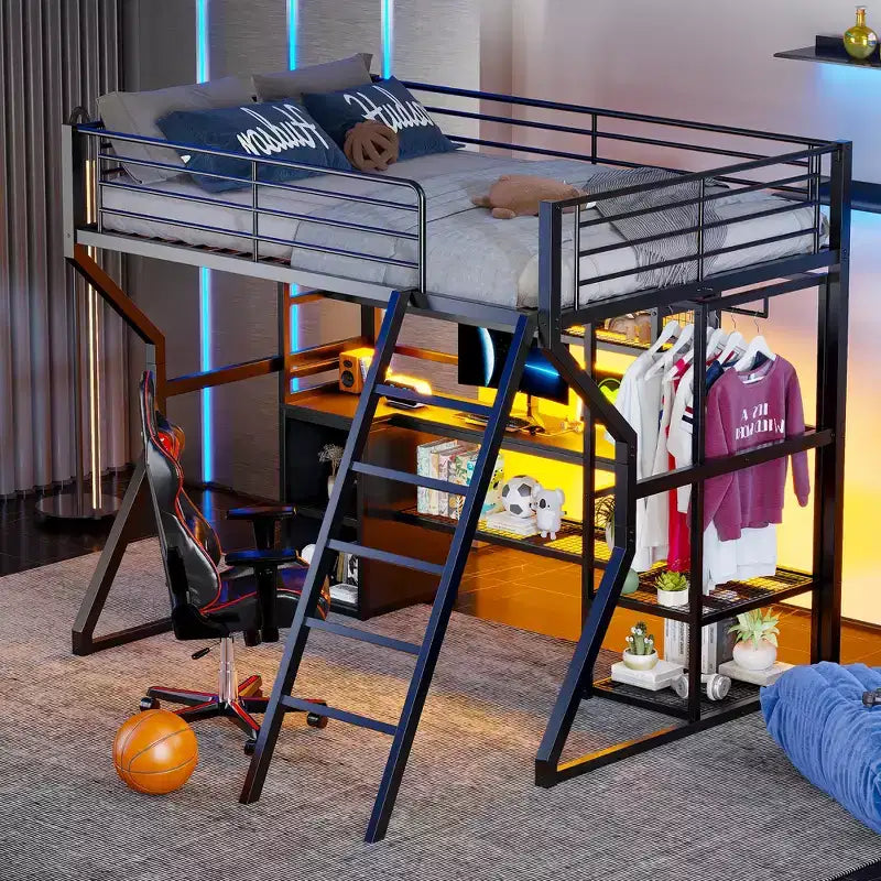 Full Metal Gaming Loft Bed with LED and Built-in Work Station, Full Size High Loft Bed with Storage Wardrobe, Black
