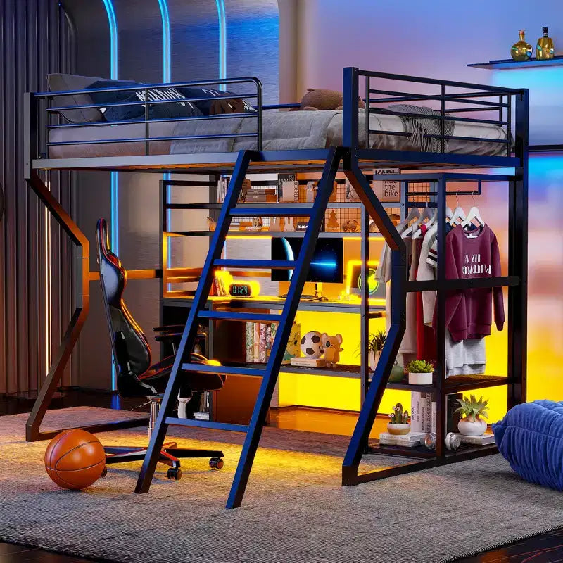 Full Metal Gaming Loft Bed with LED and Built-in Work Station, Full Size High Loft Bed with Storage Wardrobe, Black