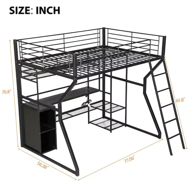 Full Metal Gaming Loft Bed with LED and Built-in Work Station, Full Size High Loft Bed with Storage Wardrobe, Black