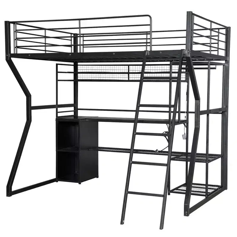 Full Metal Gaming Loft Bed with LED and Built-in Work Station, Full Size High Loft Bed with Storage Wardrobe, Black