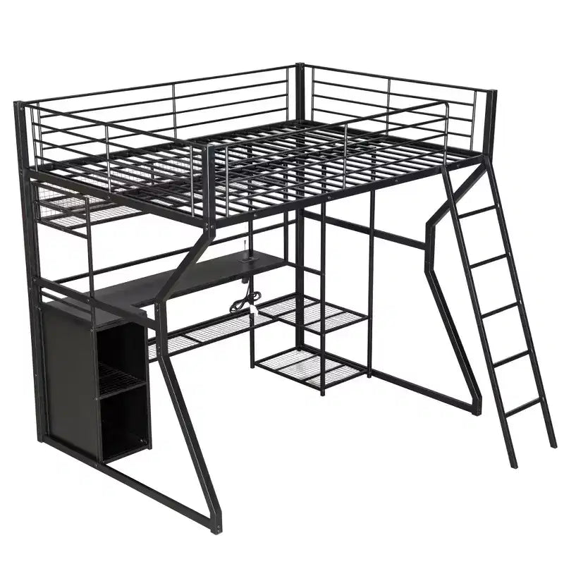 Full Metal Gaming Loft Bed with LED and Built-in Work Station, Full Size High Loft Bed with Storage Wardrobe, Black