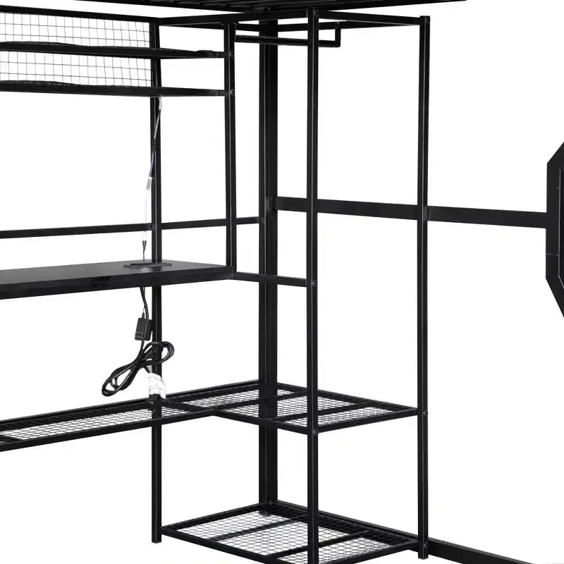 Full Metal Gaming Loft Bed with LED and Built-in Work Station, Full Size High Loft Bed with Storage Wardrobe, Black