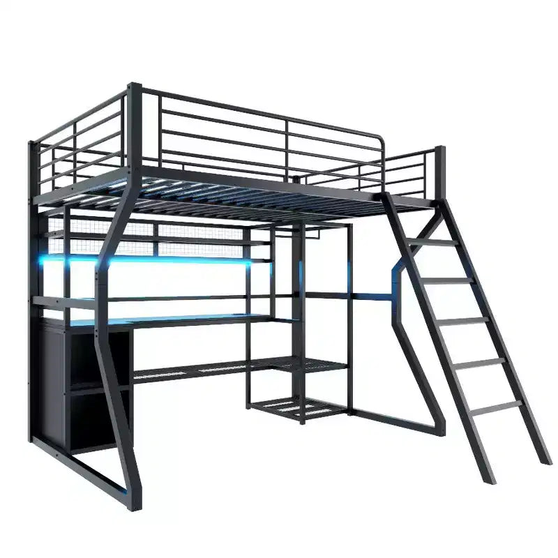 Full Metal Gaming Loft Bed with LED and Built-in Work Station, Full Size High Loft Bed with Storage Wardrobe, Black