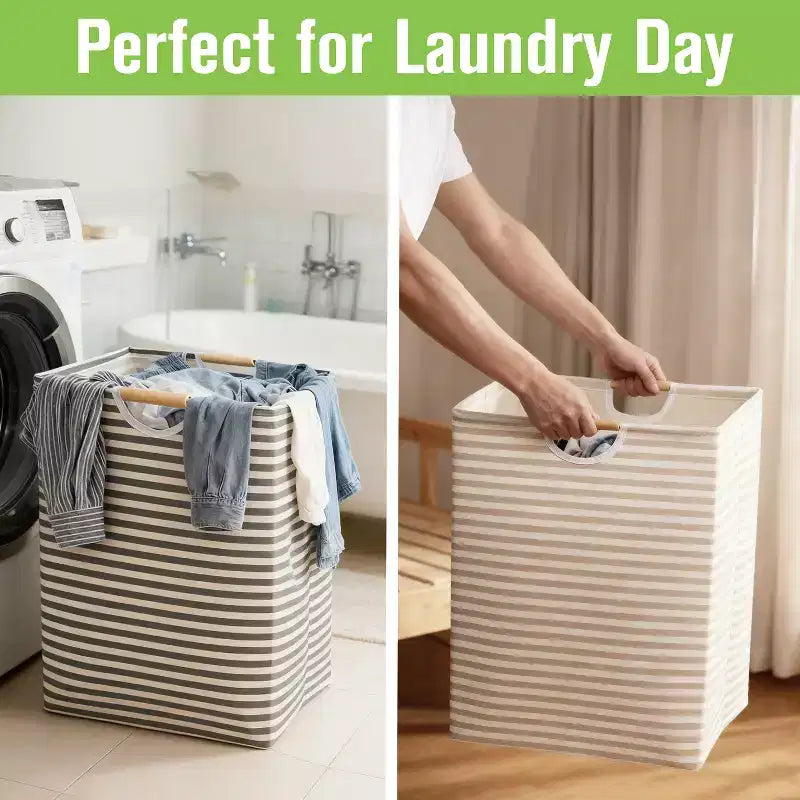 2x Collapsible Laundry Basket, Foldable Laundry Hamper Bag, Wood Handles Dirty Clothes Baskets Laundry Bin Organizer Hampers for Bedroom Kids
