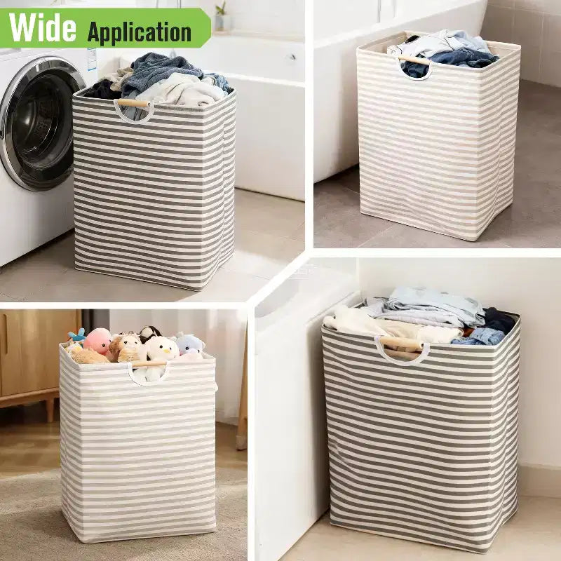 2x Collapsible Laundry Basket, Foldable Laundry Hamper Bag, Wood Handles Dirty Clothes Baskets Laundry Bin Organizer Hampers for Bedroom Kids