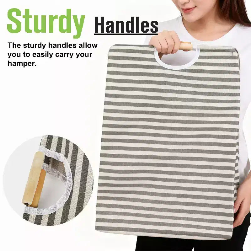 2x Collapsible Laundry Basket, Foldable Laundry Hamper Bag, Wood Handles Dirty Clothes Baskets Laundry Bin Organizer Hampers for Bedroom Kids