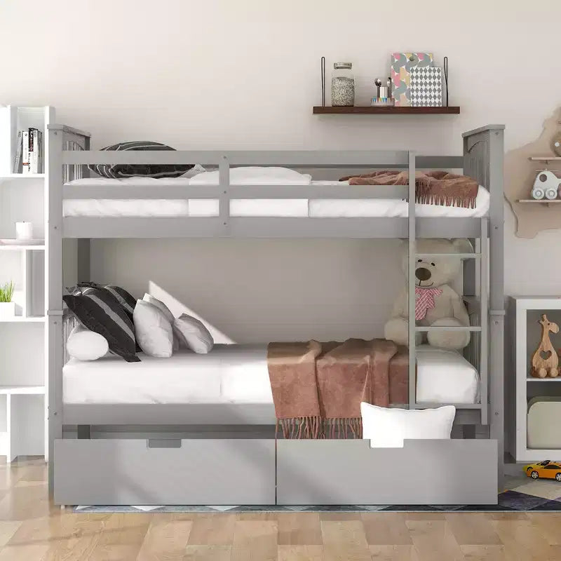 Full over Full Bunk Bed with Drawers, Full Size Wood Bunk Bed Frame for Kids Teens Adults, Can be Convertible to 2 Beds