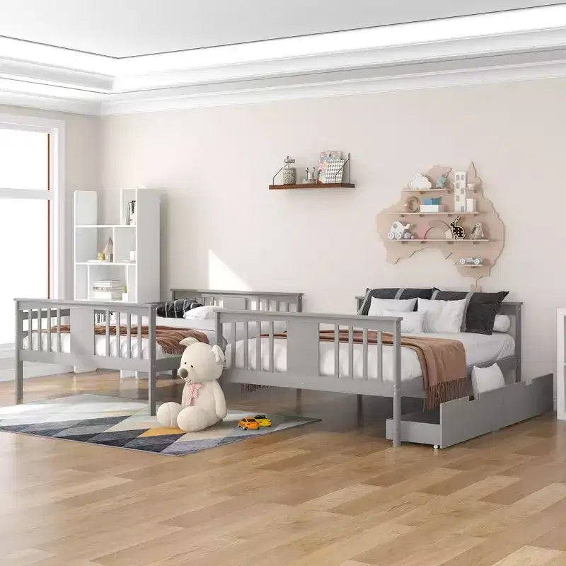 Full over Full Bunk Bed with Drawers, Full Size Wood Bunk Bed Frame for Kids Teens Adults, Can be Convertible to 2 Beds