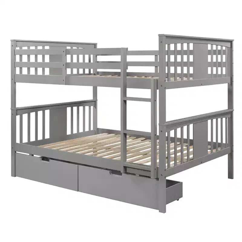 Full over Full Bunk Bed with Drawers, Full Size Wood Bunk Bed Frame for Kids Teens Adults, Can be Convertible to 2 Beds
