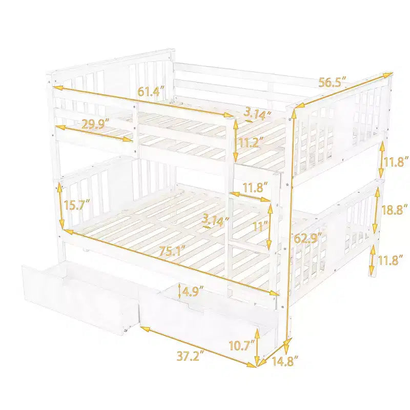 Full over Full Bunk Bed with Drawers, Full Size Wood Bunk Bed Frame for Kids Teens Adults, Can be Convertible to 2 Beds