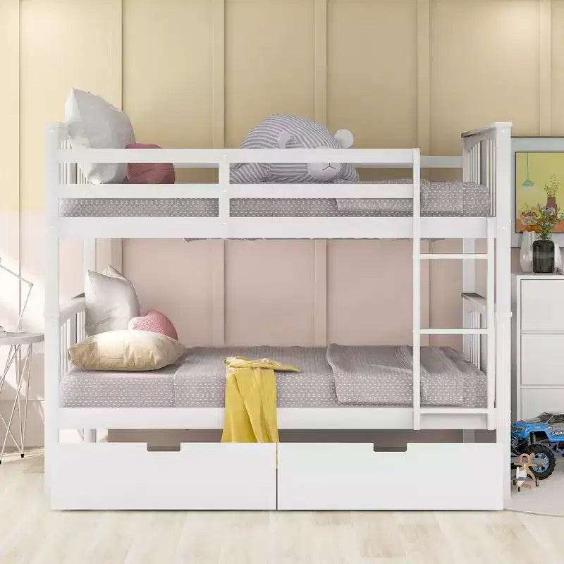 Full over Full Bunk Bed with Drawers, Full Size Wood Bunk Bed Frame for Kids Teens Adults, Can be Convertible to 2 Beds