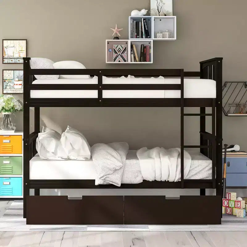 Full over Full Bunk Bed with Drawers, Full Size Wood Bunk Bed Frame for Kids Teens Adults, Can be Convertible to 2 Beds