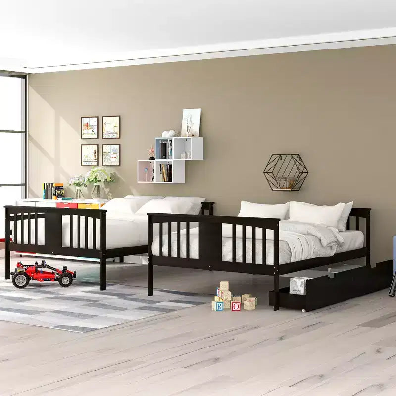 Full over Full Bunk Bed with Drawers, Full Size Wood Bunk Bed Frame for Kids Teens Adults, Can be Convertible to 2 Beds
