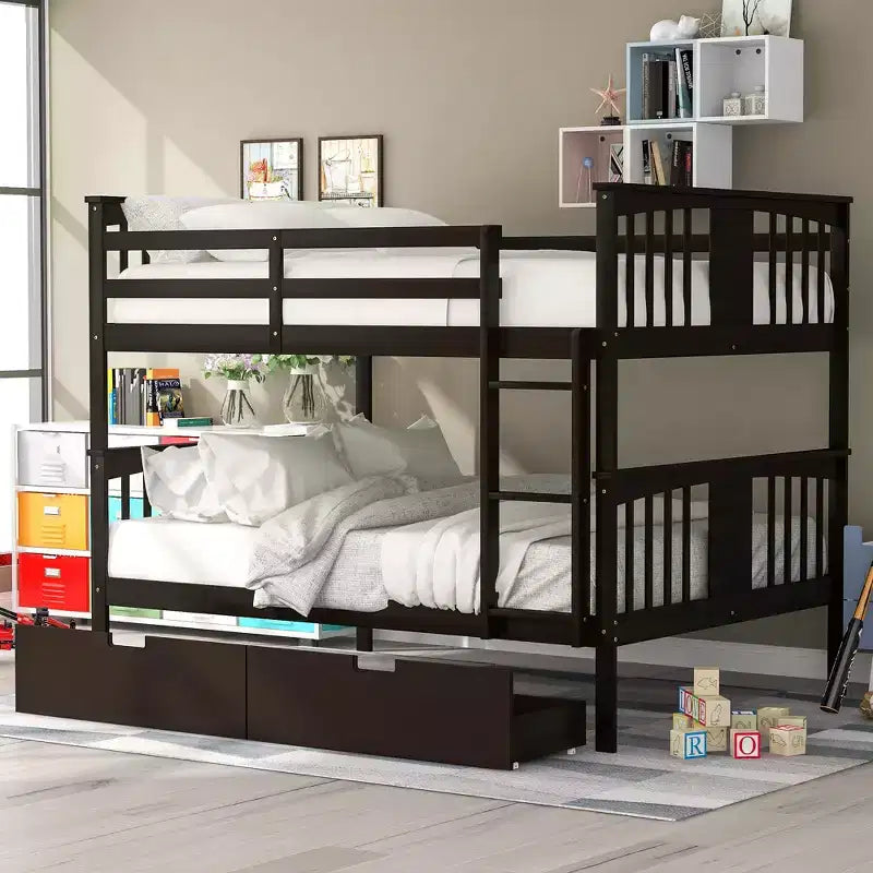Full over Full Bunk Bed with Drawers, Full Size Wood Bunk Bed Frame for Kids Teens Adults, Can be Convertible to 2 Beds