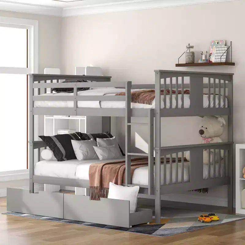 Full over Full Bunk Bed with Drawers, Full Size Wood Bunk Bed Frame for Kids Teens Adults, Can be Convertible to 2 Beds