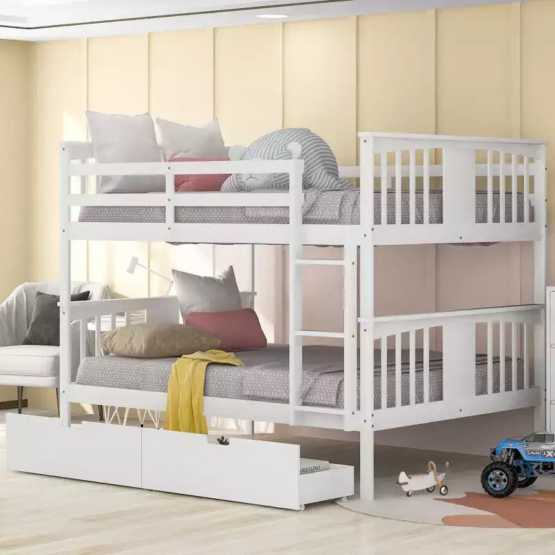 Full over Full Bunk Bed with Drawers, Full Size Wood Bunk Bed Frame for Kids Teens Adults, Can be Convertible to 2 Beds