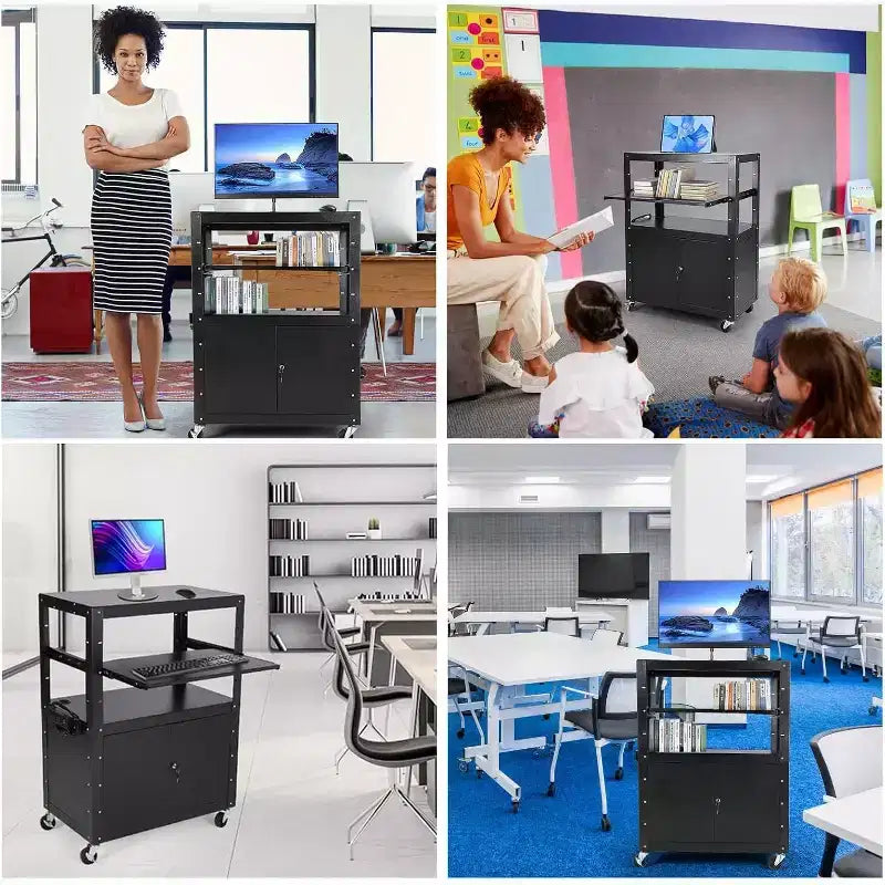 Av Cart with Lockable Cabinet, Height Adjustable 24-42, Non-Slip Mat, 100 Lbs Capacity