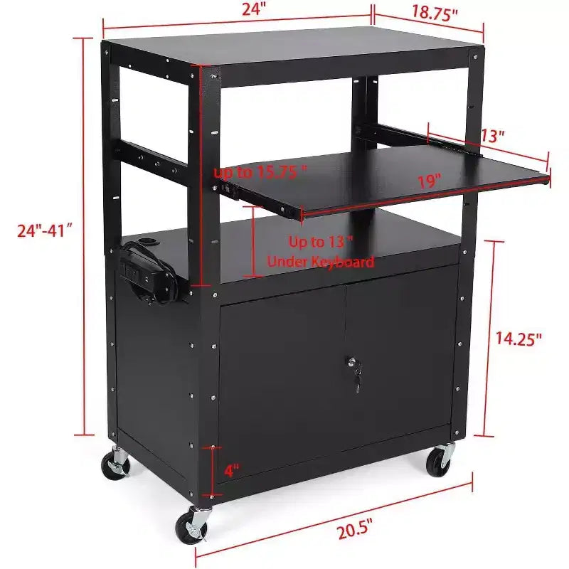 Av Cart with Lockable Cabinet, Height Adjustable 24-42, Non-Slip Mat, 100 Lbs Capacity