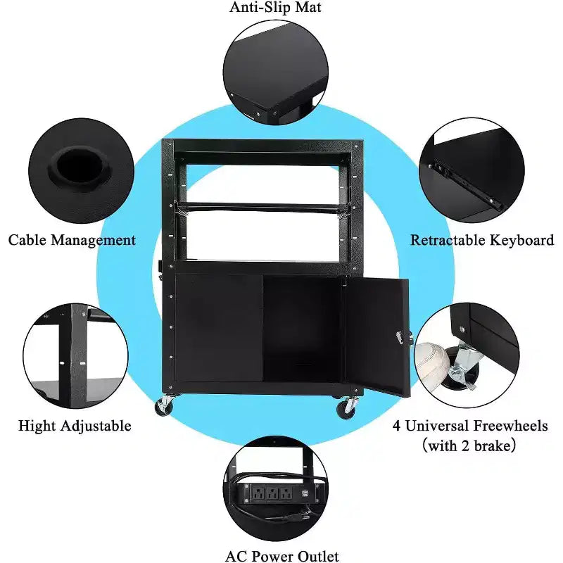 Av Cart with Lockable Cabinet, Height Adjustable 24-42, Non-Slip Mat, 100 Lbs Capacity
