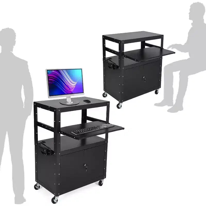 Av Cart with Lockable Cabinet, Height Adjustable 24-42, Non-Slip Mat, 100 Lbs Capacity