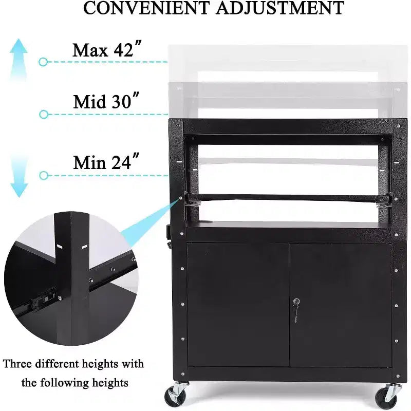 Av Cart with Lockable Cabinet, Height Adjustable 24-42, Non-Slip Mat, 100 Lbs Capacity