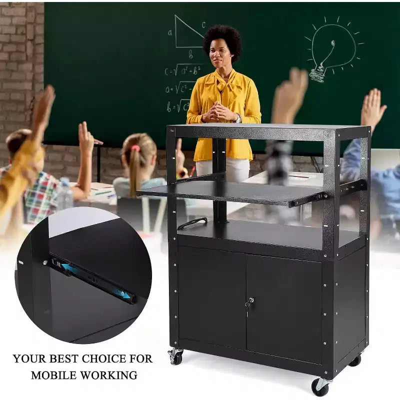 Av Cart with Lockable Cabinet, Height Adjustable 24-42, Non-Slip Mat, 100 Lbs Capacity