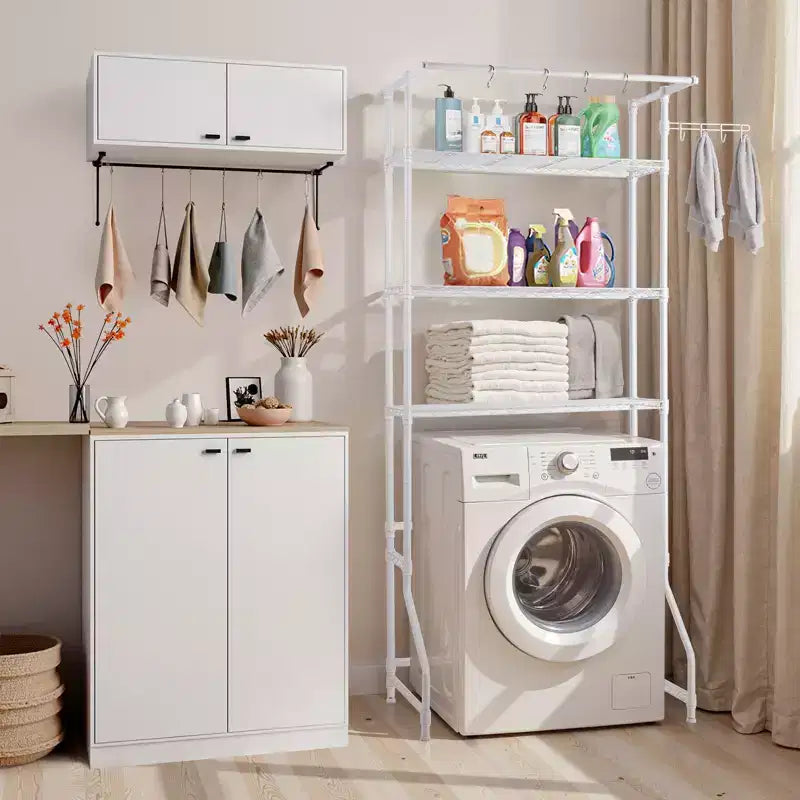 Over Washer and Dryer Storage Shelf, 3 Tiers Laundry Room Drying Rack with Hanger Rod and Hooks, Single Row Washer Shelves Space Saver,White