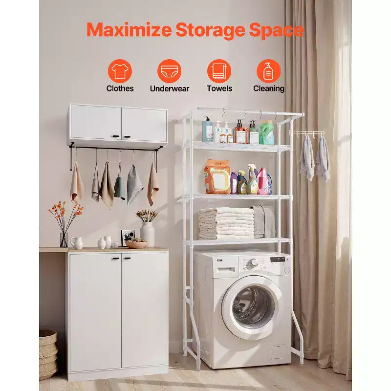 Over Washer and Dryer Storage Shelf, 3 Tiers Laundry Room Drying Rack with Hanger Rod and Hooks, Single Row Washer Shelves Space Saver,White